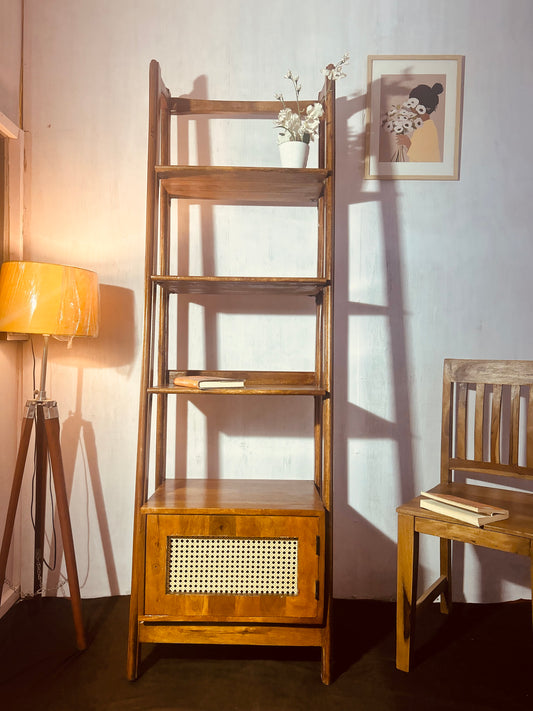 Staircase bookshelf with Rattan mesh door