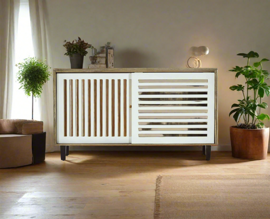 Kirti’s airy sliding slat sideboard