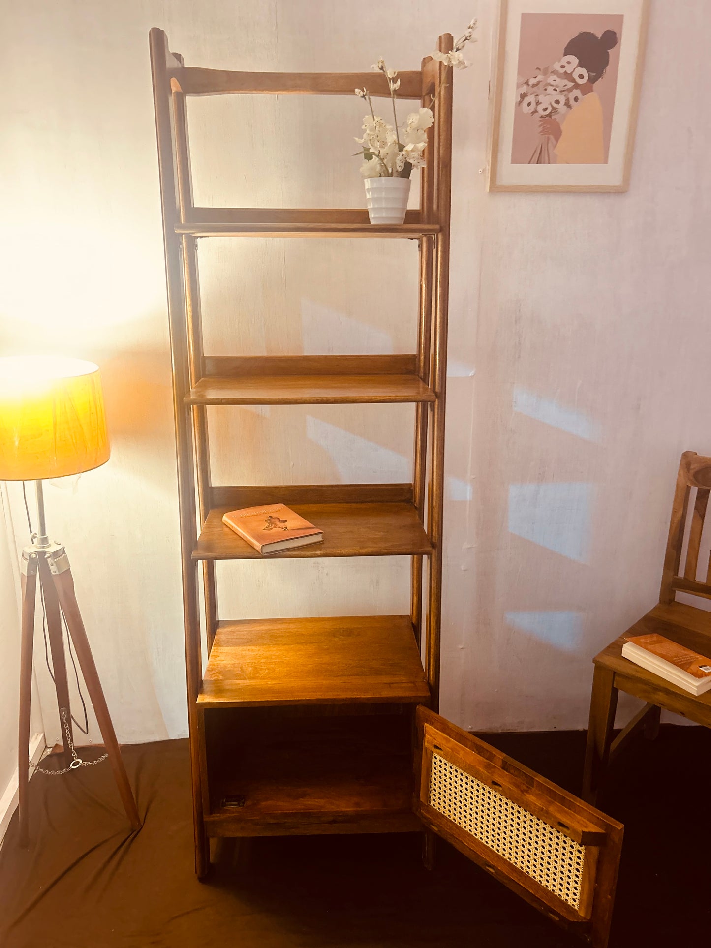 Staircase bookshelf with Rattan mesh door